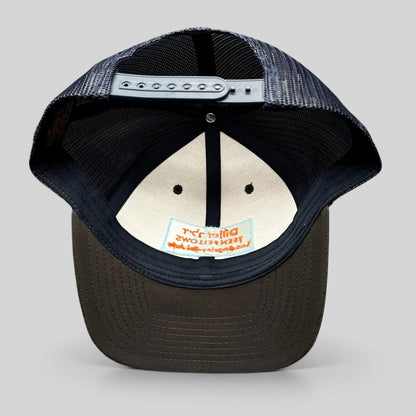 Raree Finds Diller Teen Fellows Yupoong Classics trucker hat interior view showing branding and navy mesh back