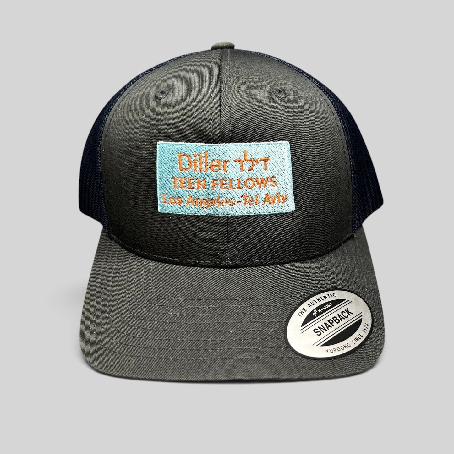 Raree Finds Diller Teen Fellows charcoal and navy Yupoong Classics snapback trucker hat with embroidered patch