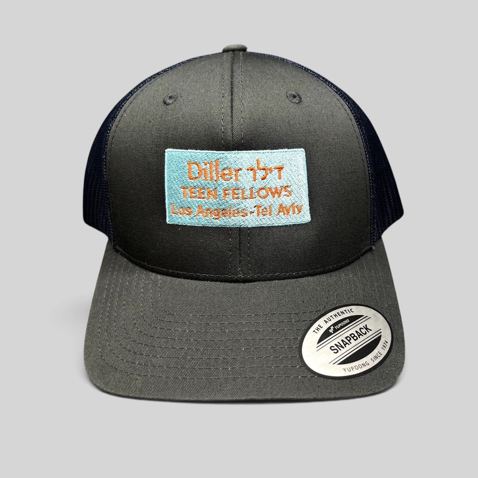 Raree Finds Diller Teen Fellows charcoal and navy Yupoong Classics snapback trucker hat with embroidered patch