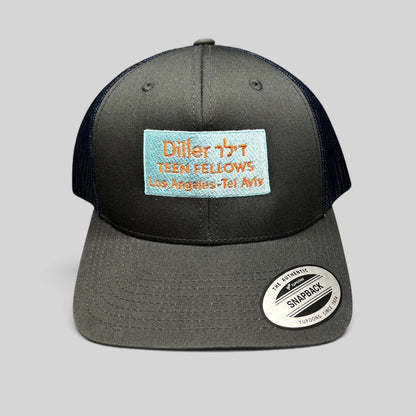 Raree Finds Diller Teen Fellows charcoal and navy Yupoong Classics snapback trucker hat with embroidered patch