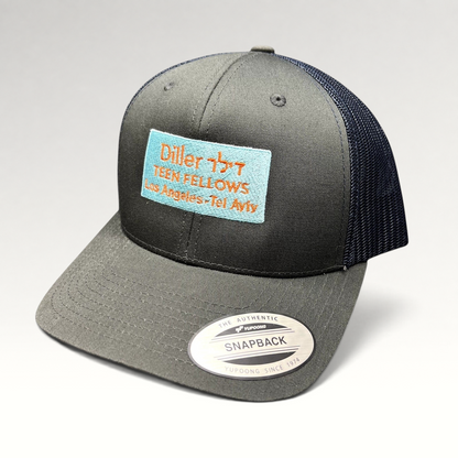Raree Finds Diller Teen Fellows Yupoong Classics trucker hat in charcoal and navy with embroidered patch