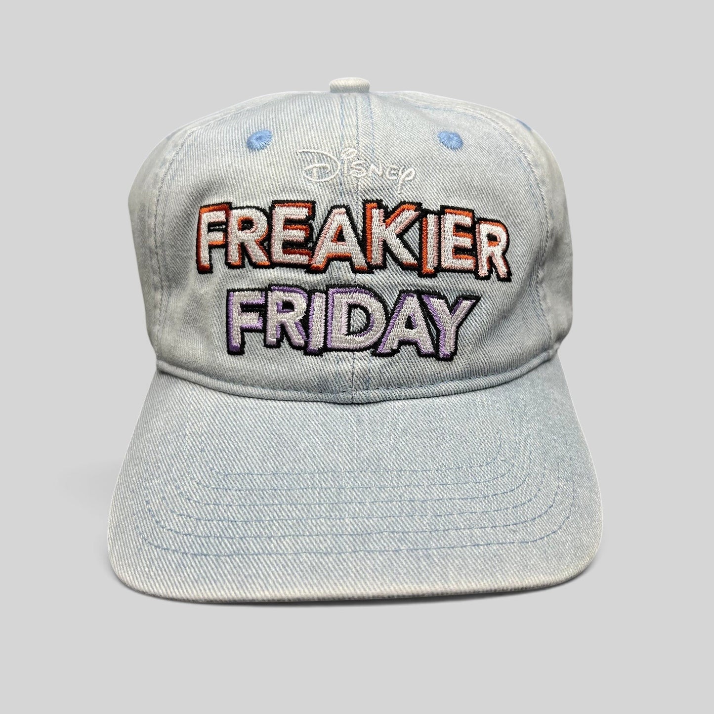 Raree Finds Disney Freakier Friday light blue washed cotton strapback hat with multicolor embroidered movie logo