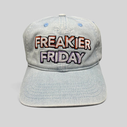 Raree Finds Disney Freakier Friday light blue washed cotton strapback hat with multicolor embroidered movie logo