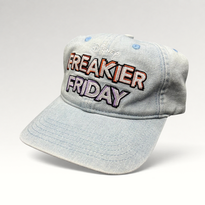 Raree Finds Disney Freakier Friday light blue washed cotton dad hat with multicolor embroidered movie logo.