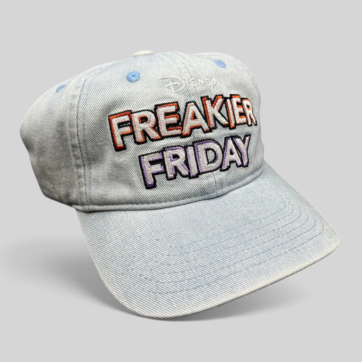 Raree Finds Disney Freakier Friday promotional light blue washed cotton dad hat with multicolor embroidery