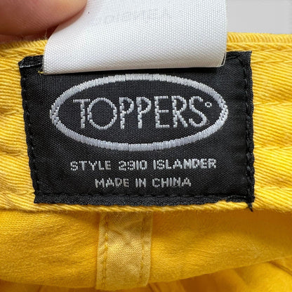Raree Finds Disney VoluntEARS hat interior tag showing Toppers brand label on bright yellow cotton fabric