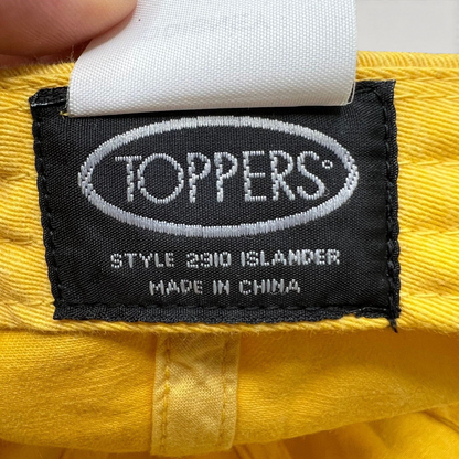 Raree Finds Disney VoluntEARS hat interior tag showing Toppers brand label on bright yellow cotton fabric