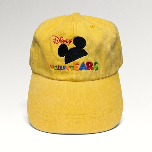 Raree Finds Disney VoluntEARS yellow cotton strapback hat with embroidered Mickey silhouette and colorful logo