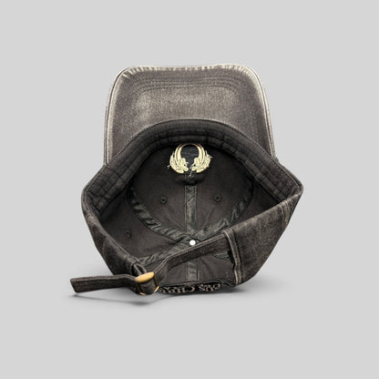 Raree Finds vintage Jesus Christ Superstar dad hat in distressed black cotton with adjustable brass buckle strap