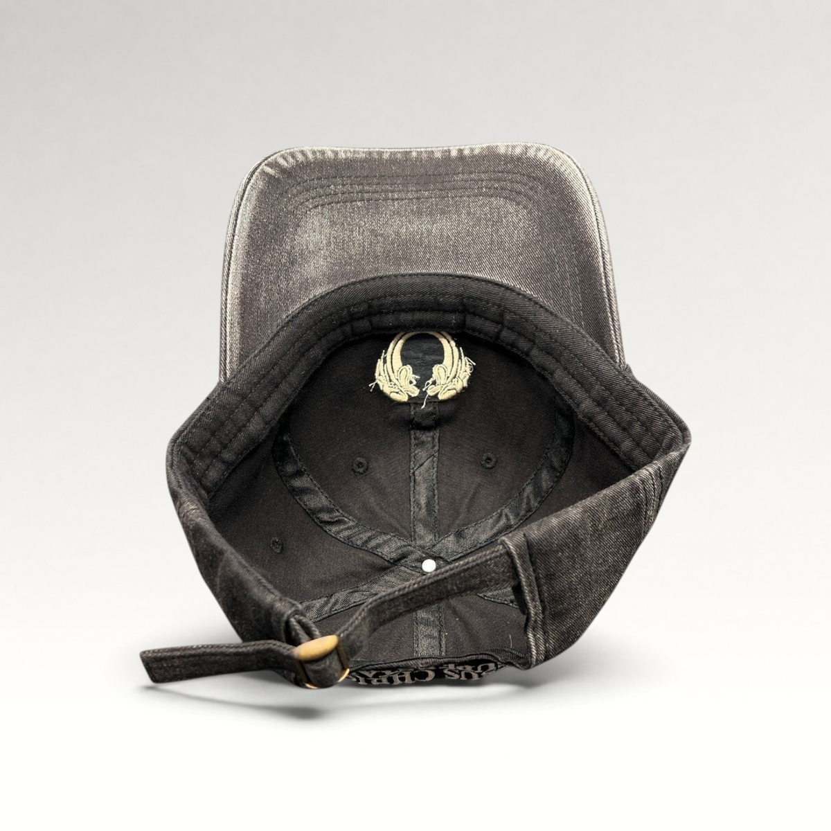 Raree Finds vintage Jesus Christ Superstar dad hat in distressed black cotton with adjustable brass buckle strap