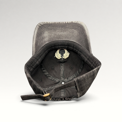 Raree Finds vintage Jesus Christ Superstar dad hat in distressed black cotton with adjustable brass buckle strap