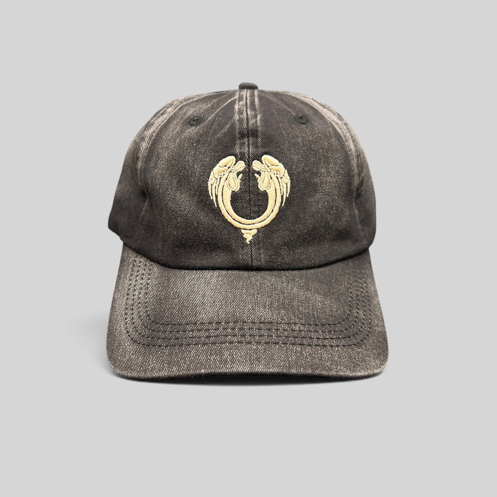 Raree Finds vintage Jesus Christ Superstar dad hat in distressed black cotton with an embroidered front emblem.