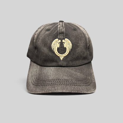 Raree Finds vintage Jesus Christ Superstar dad hat in distressed black cotton with an embroidered front emblem.