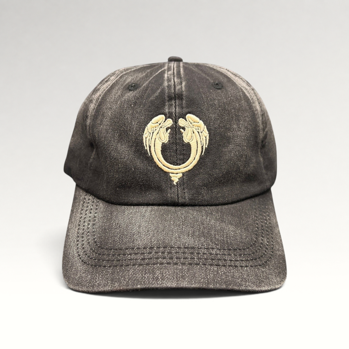 Raree Finds vintage Jesus Christ Superstar dad hat in distressed black cotton with an embroidered front emblem.
