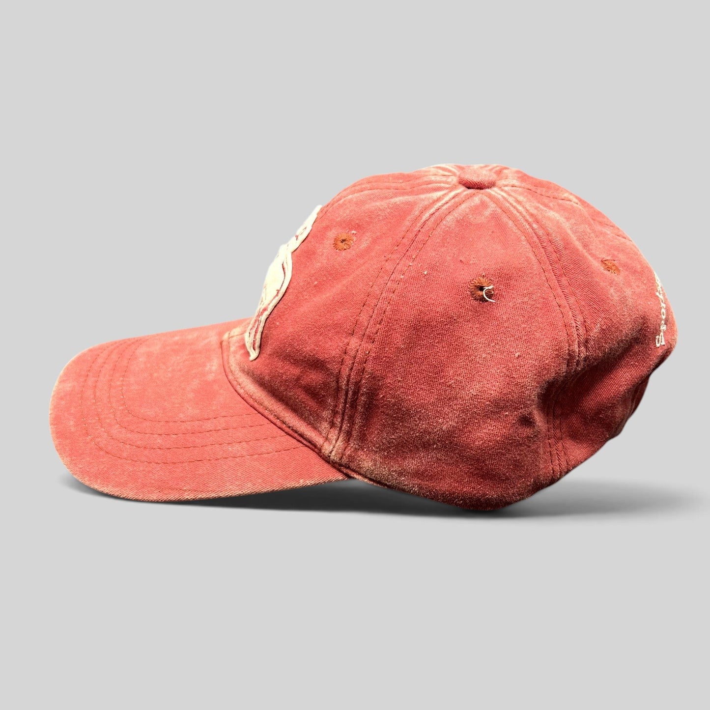 Raree Finds vintage distressed red cotton dad cap with embroidered elk deer patch, side profile view
