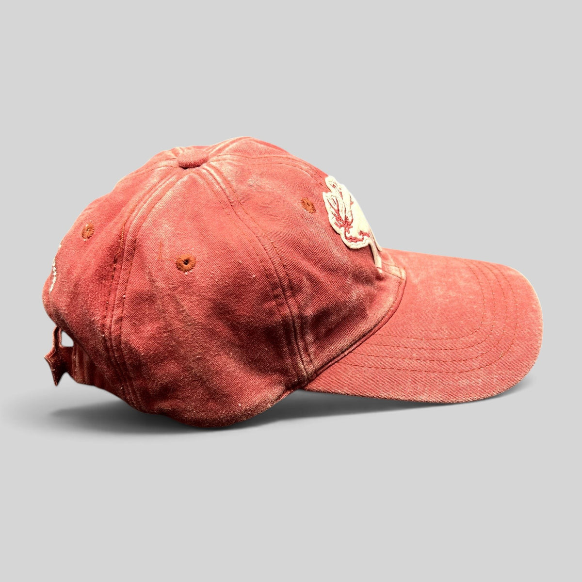Raree Finds distressed red washed cotton dad cap with vintage elk deer embroidery and adjustable strapback closure