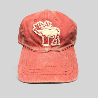 Raree Finds distressed red washed cotton dad cap with a vintage embroidered elk deer applique on the front