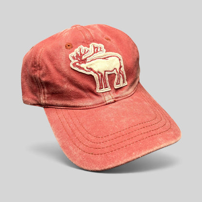 Raree Finds vintage distressed red washed cotton dad cap with embroidered elk deer applique and strapback closure