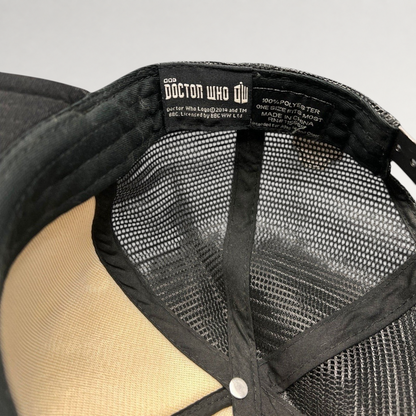 Raree Finds Doctor Who trucker hat interior showing the official BBC woven brand label and black mesh lining