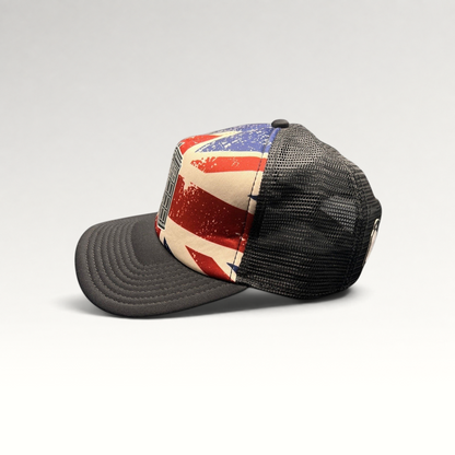 Raree Finds Doctor Who TARDIS trucker hat with a distressed Union Jack front panel, black bill, and mesh back.