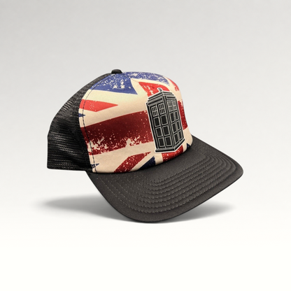 Raree Finds Doctor Who TARDIS trucker hat with a distressed Union Jack front panel, black bill, and mesh back.