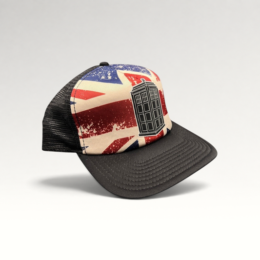 Raree Finds Doctor Who TARDIS trucker hat with a distressed Union Jack front panel, black bill, and mesh back.