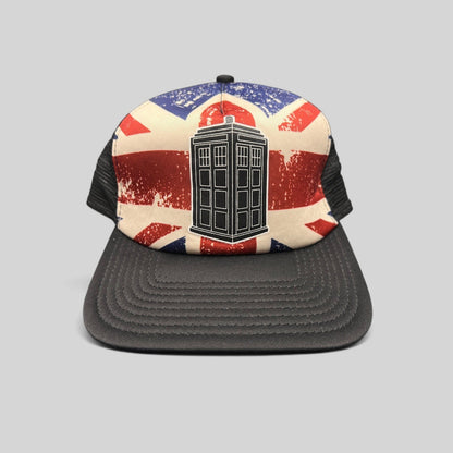 Raree Finds Doctor Who trucker hat featuring a TARDIS graphic on a distressed Union Jack print with black mesh back.