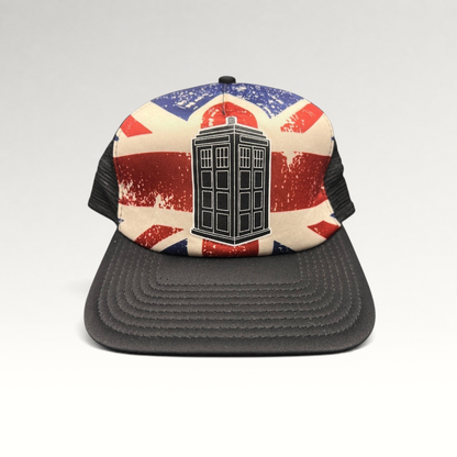 Raree Finds Doctor Who trucker hat featuring a TARDIS graphic on a distressed Union Jack print with black mesh back.