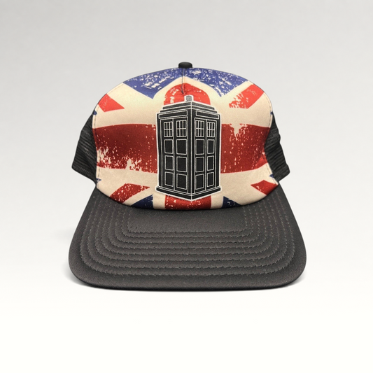 Raree Finds Doctor Who trucker hat featuring a TARDIS graphic on a distressed Union Jack print with black mesh back.