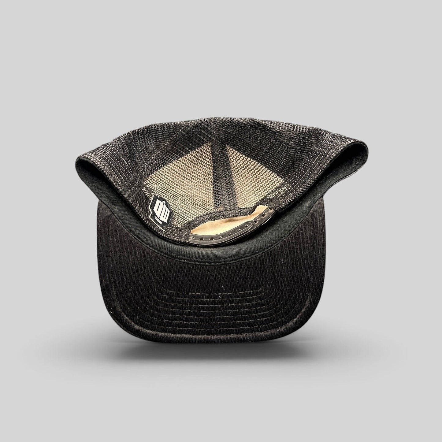 Raree Finds Doctor Who trucker hat showing the interior black mesh lining, adjustable snapback, and woven brand label.