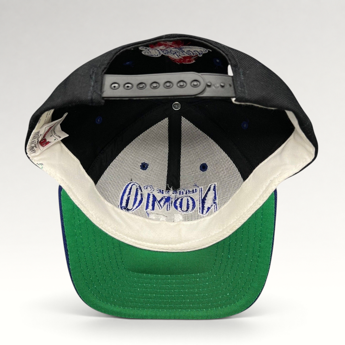 Raree Finds vintage 90s Los Angeles Dodgers Hideo Nomo snapback hat showing black crown, green undervisor, and snapback