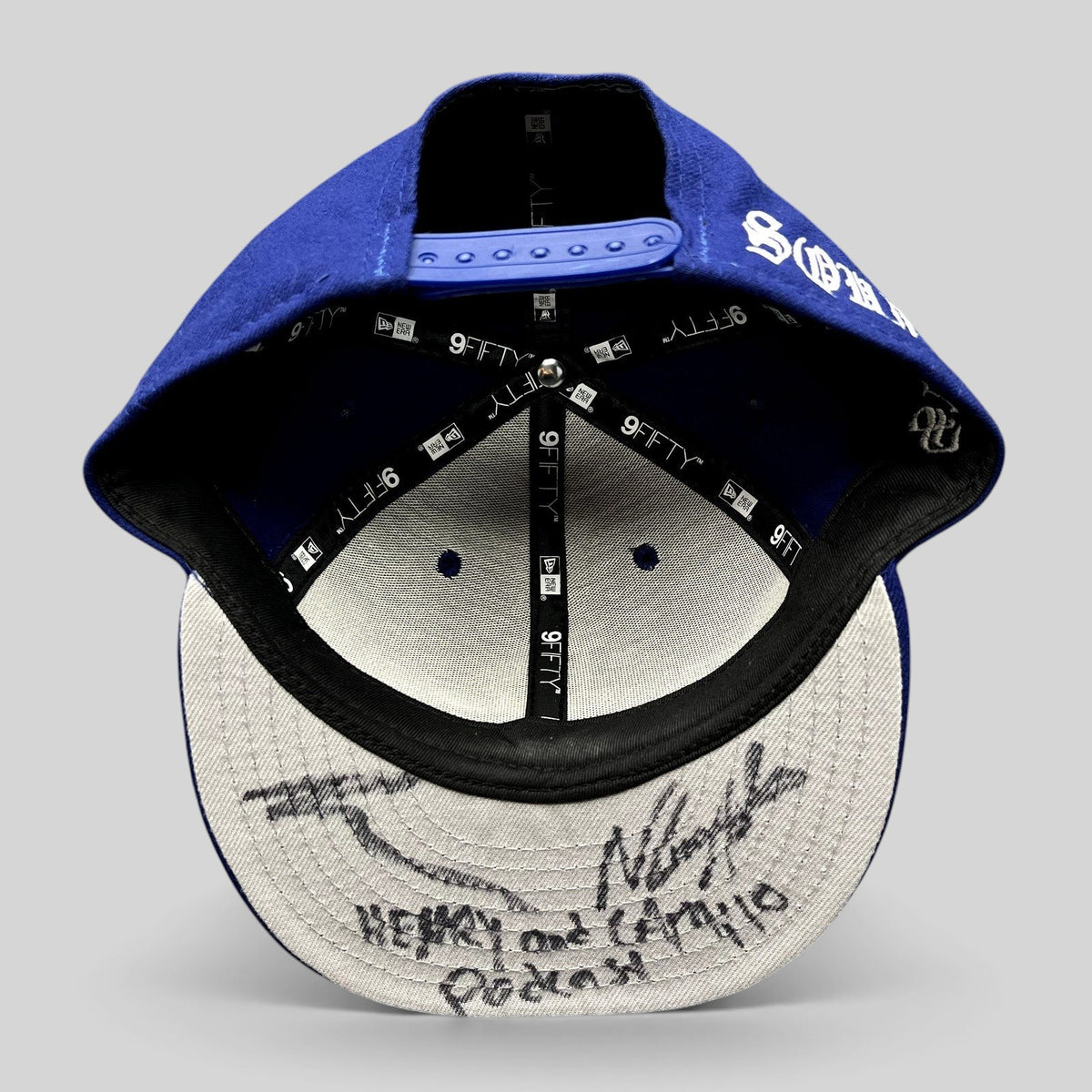 Raree Finds royal blue New Era 9FIFTY Los Angeles Dodgers snapback hat with Henry and Camilo signatures on the brim