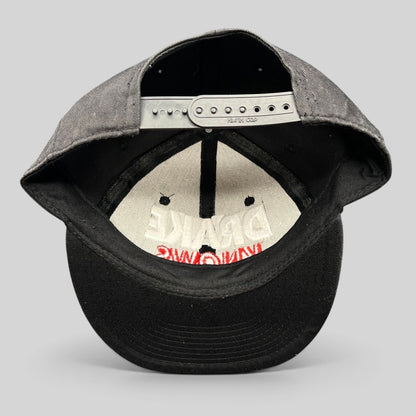 Raree Finds vintage black snapback hat with 3D embroidered Drake Knows text in white and red, rear view.