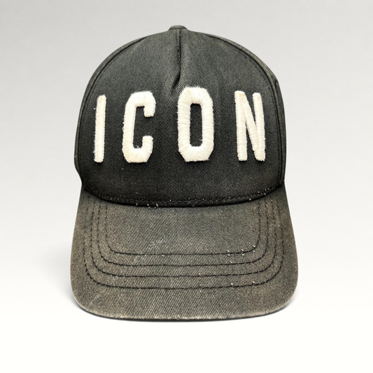 Raree Finds DSQUARED2 black baseball cap with large raised white ICON embroidery on the front panel