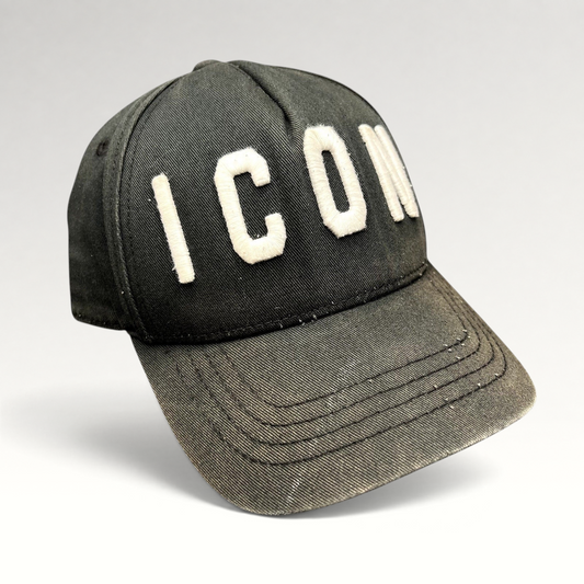 Raree Finds DSQUARED2 black ICON strapback hat with bold raised white embroidery on the front panel