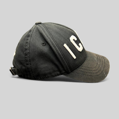 Raree Finds black DSQUARED2 ICON strapback hat with raised white embroidery and curved brim side view