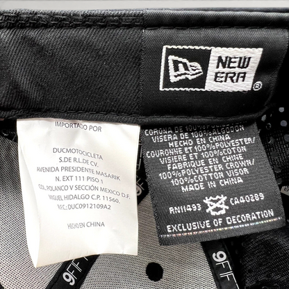 Raree Finds New Era 9FIFTY Ducati cap interior labels showing material composition and manufacturing details
