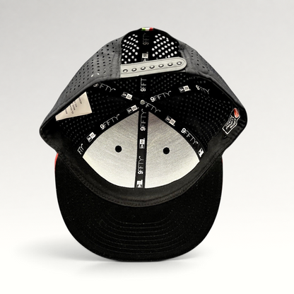 Raree Finds Ducati x New Era 9FIFTY snapback interior showing perforated panels, branded taping, and flat brim