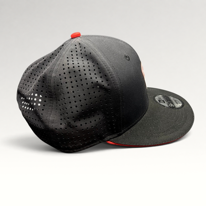 Raree Finds black New Era 9FIFTY Ducati snapback hat with laser-perforated rear panels and red button detail