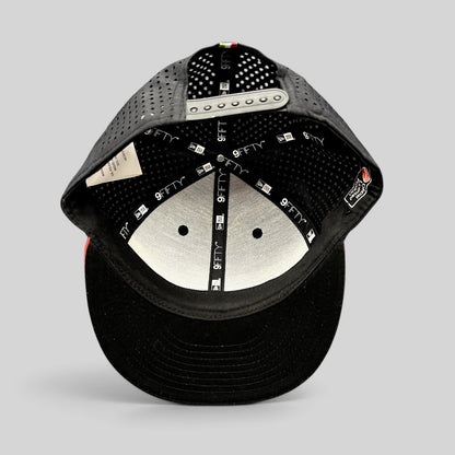 Raree Finds Ducati x New Era 9FIFTY snapback cap interior showing perforated panels and branded taping