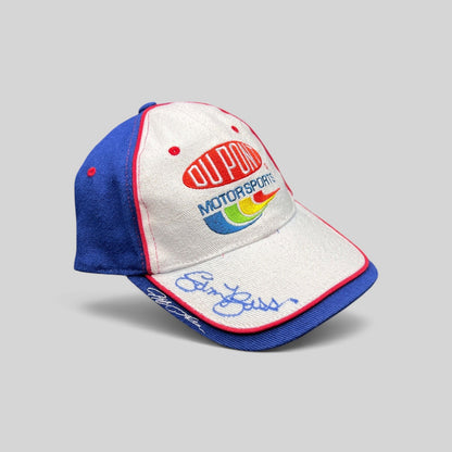 Raree Finds vintage DuPont Motorsports NASCAR snapback hat in white and blue cotton with embroidered rainbow logo.