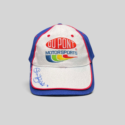 Raree Finds vintage DuPont Motorsports #24 NASCAR snapback hat with embroidered rainbow logo and signature on brim.