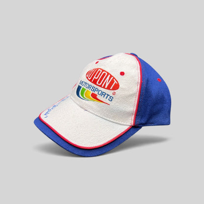 Raree Finds vintage Chase Authentics DuPont Motorsports NASCAR snapback hat in white, royal blue, and red cotton.