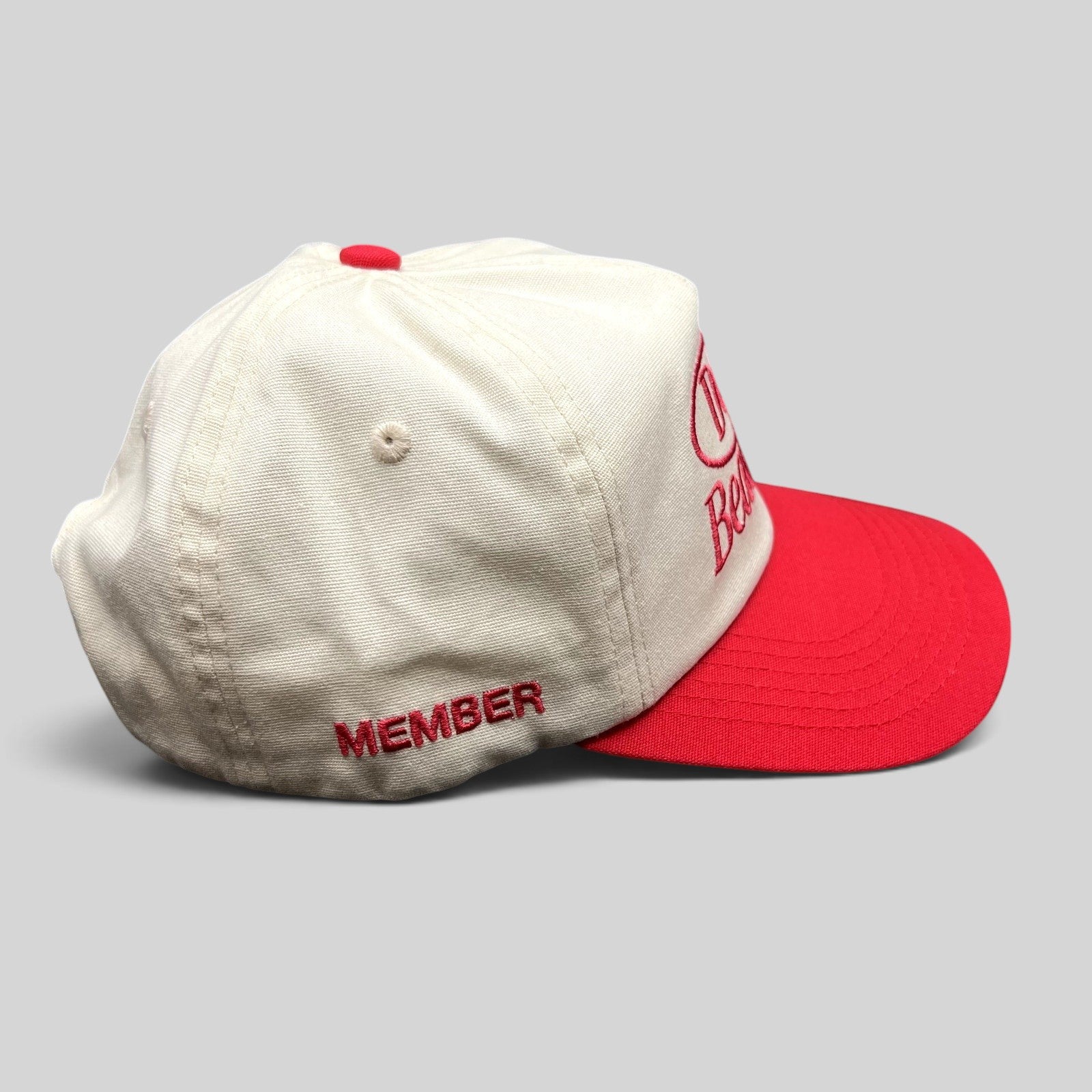 Raree Finds Duvin Beach Club red and cream cotton snapback hat with embroidered side text and curved bill