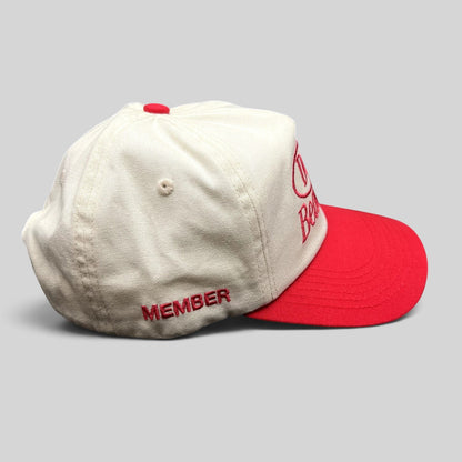 Raree Finds Duvin Beach Club red and cream cotton snapback hat with embroidered side text and curved bill