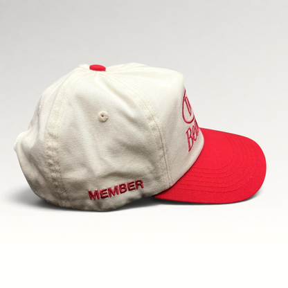 Raree Finds Duvin Beach Club red and cream cotton snapback hat with embroidered side text and curved bill