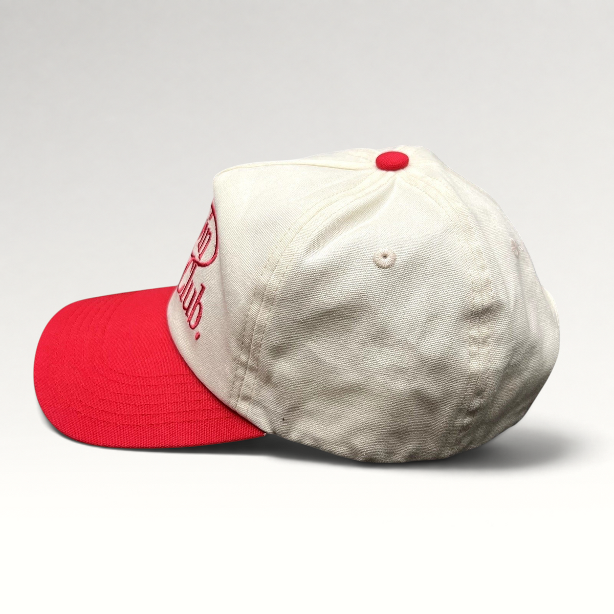 Raree Finds Duvin Beach Club snapback hat in cream and red cotton with an embroidered logo and curved bill.