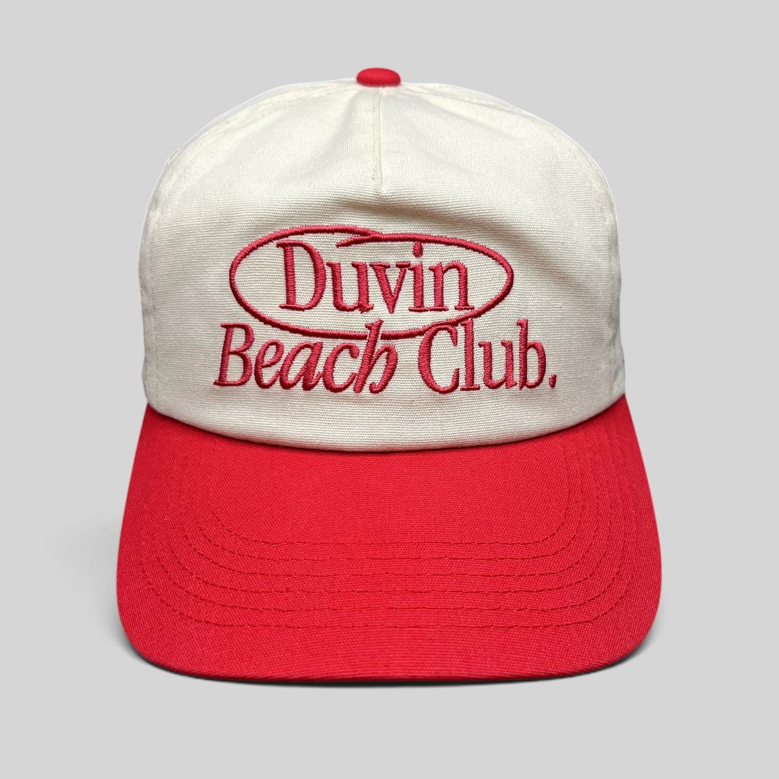Raree Finds Duvin Beach Club snapback hat in cream and red cotton with an embroidered vintage-style logo