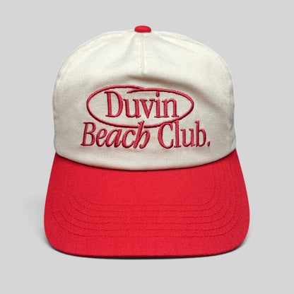 Raree Finds Duvin Beach Club snapback hat in cream and red cotton with an embroidered vintage-style logo
