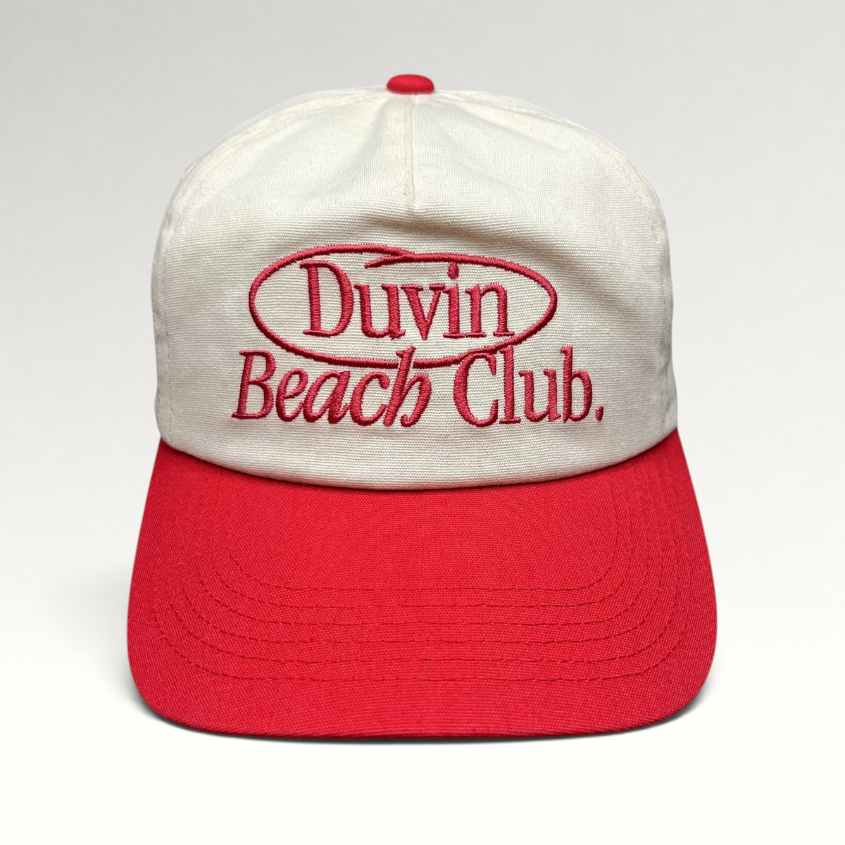 Raree Finds Duvin Beach Club snapback hat in cream and red cotton with an embroidered vintage-style logo